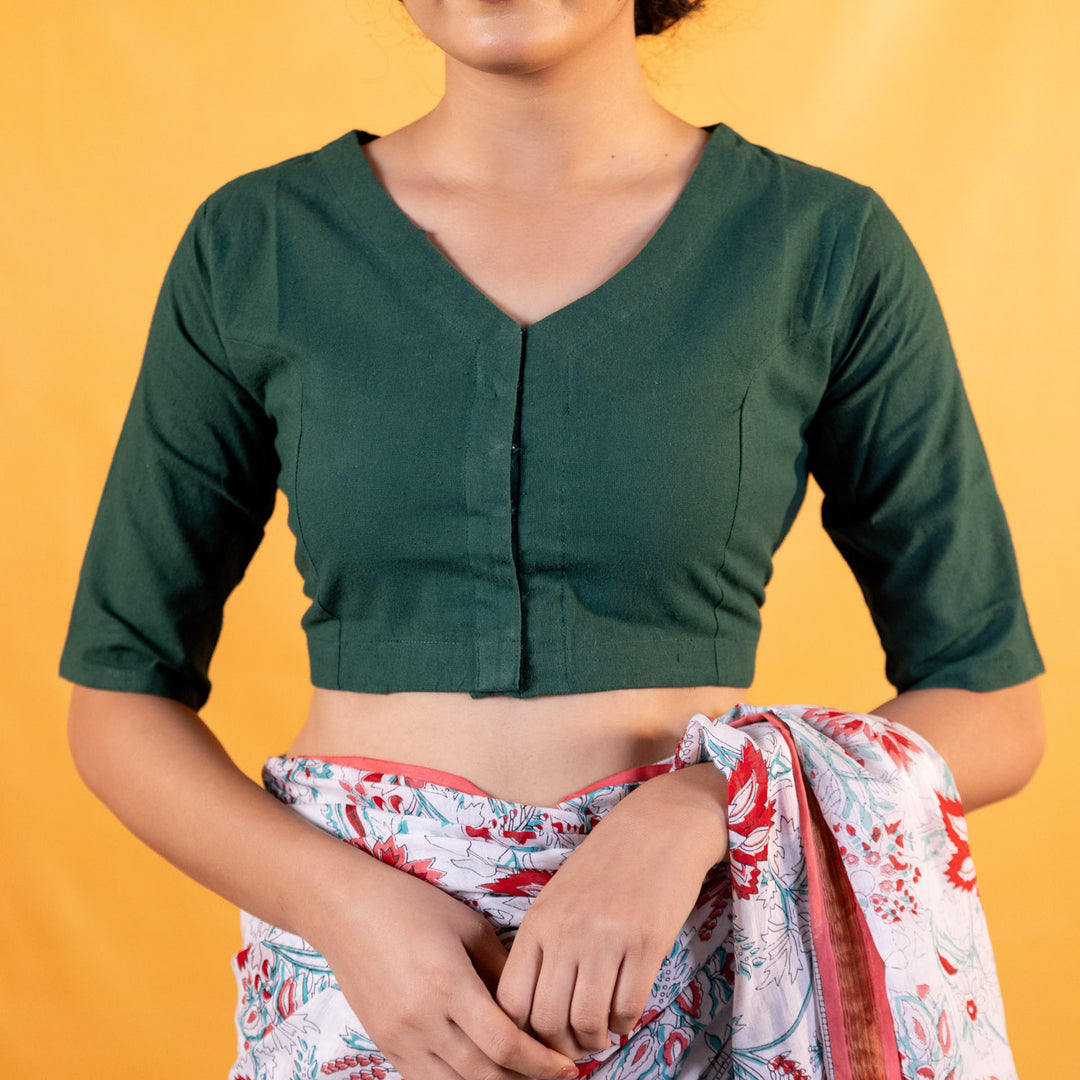 Dark Green Cotton V neck Readymade Blouse with Elbow Sleeves