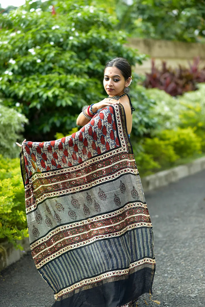 Bed of Roses- Hand Block Print Chanderi Silk Saree