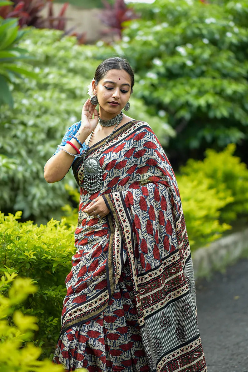 Bed of Roses- Hand Block Print Chanderi Silk Saree