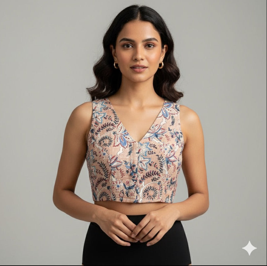 Beige Floral Cotton V neck Readymade Sleeveless Blouse