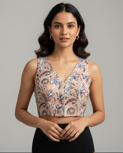 Beige Floral Cotton V neck Readymade Sleeveless Blouse