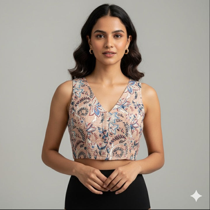 Beige Floral Cotton V neck Readymade Sleeveless Blouse