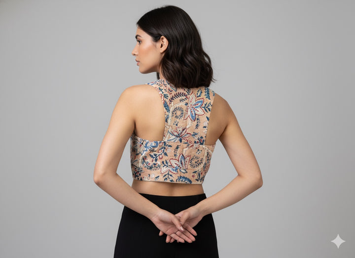 Beige Floral Cotton V neck Readymade Sleeveless Blouse