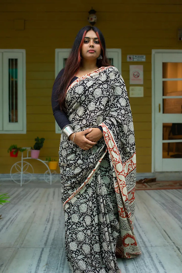 Tangled Treasures - Hand Block Print Mulmul Cotton Bagru Saree