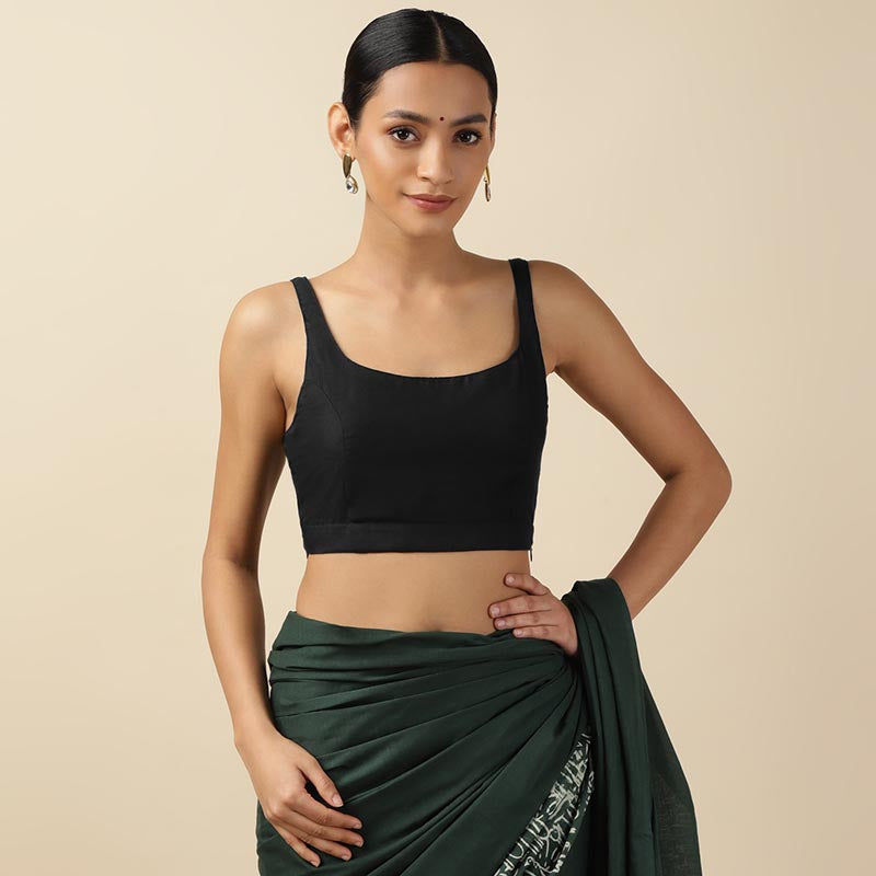 Black Cotton Sleeveless Readymade Blouse with U neck
