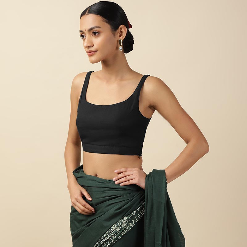 Black Cotton Sleeveless Readymade Blouse with U neck