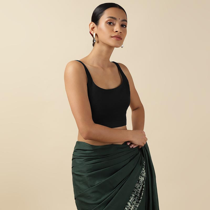 Black Cotton Sleeveless Readymade Blouse with U neck