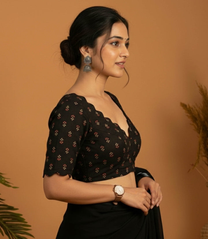 Almost Friday Blue Cotton V neck Scallop Blouse