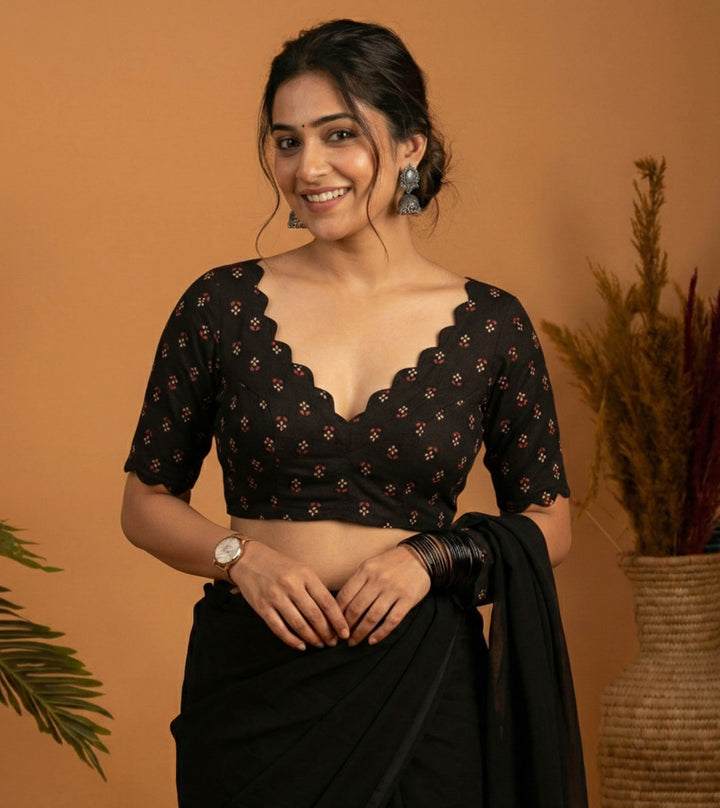 Almost Friday Blue Cotton V neck Scallop Blouse