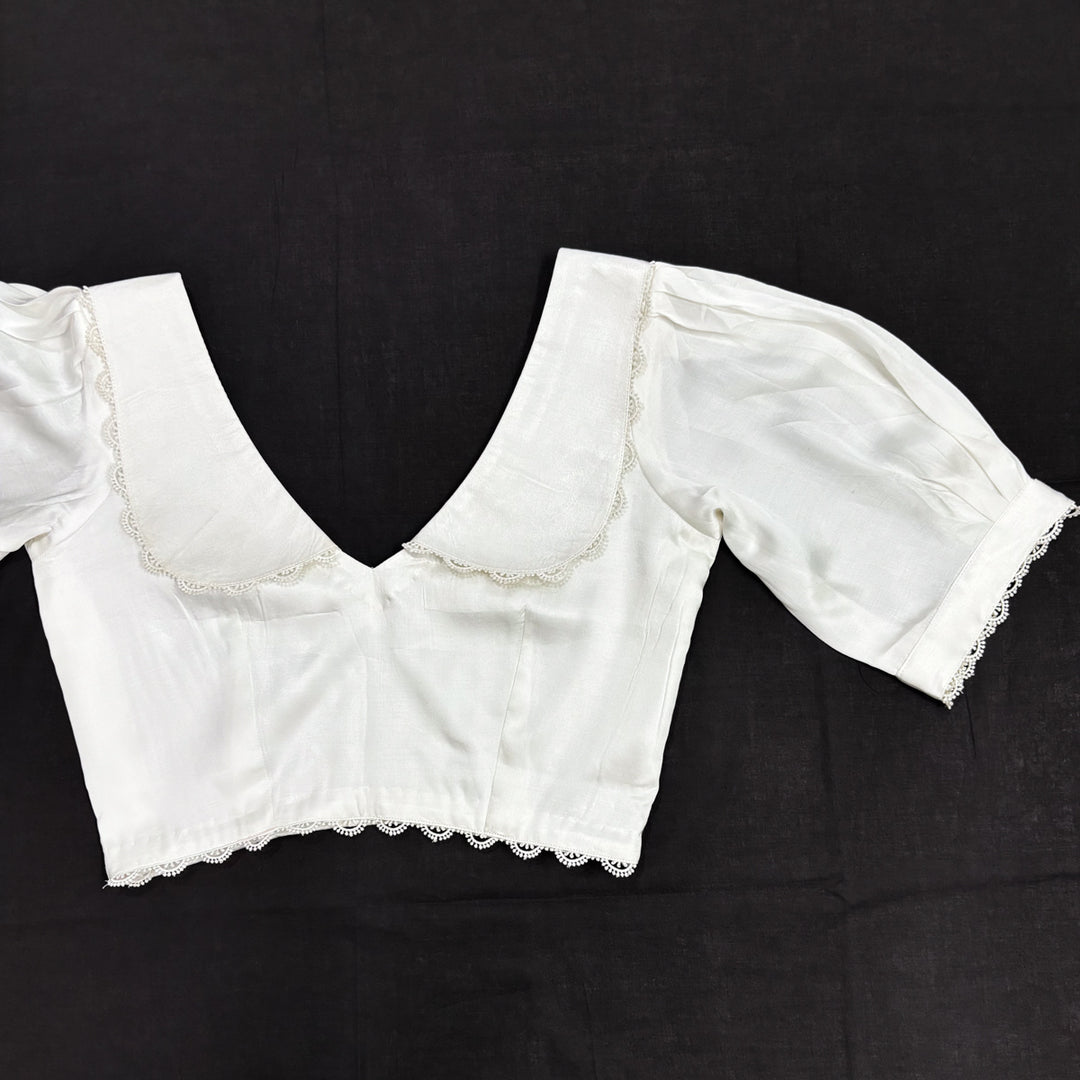 Vintage White Satin V-neck Blouse with Peter Pan Collar & Puff Sleeves