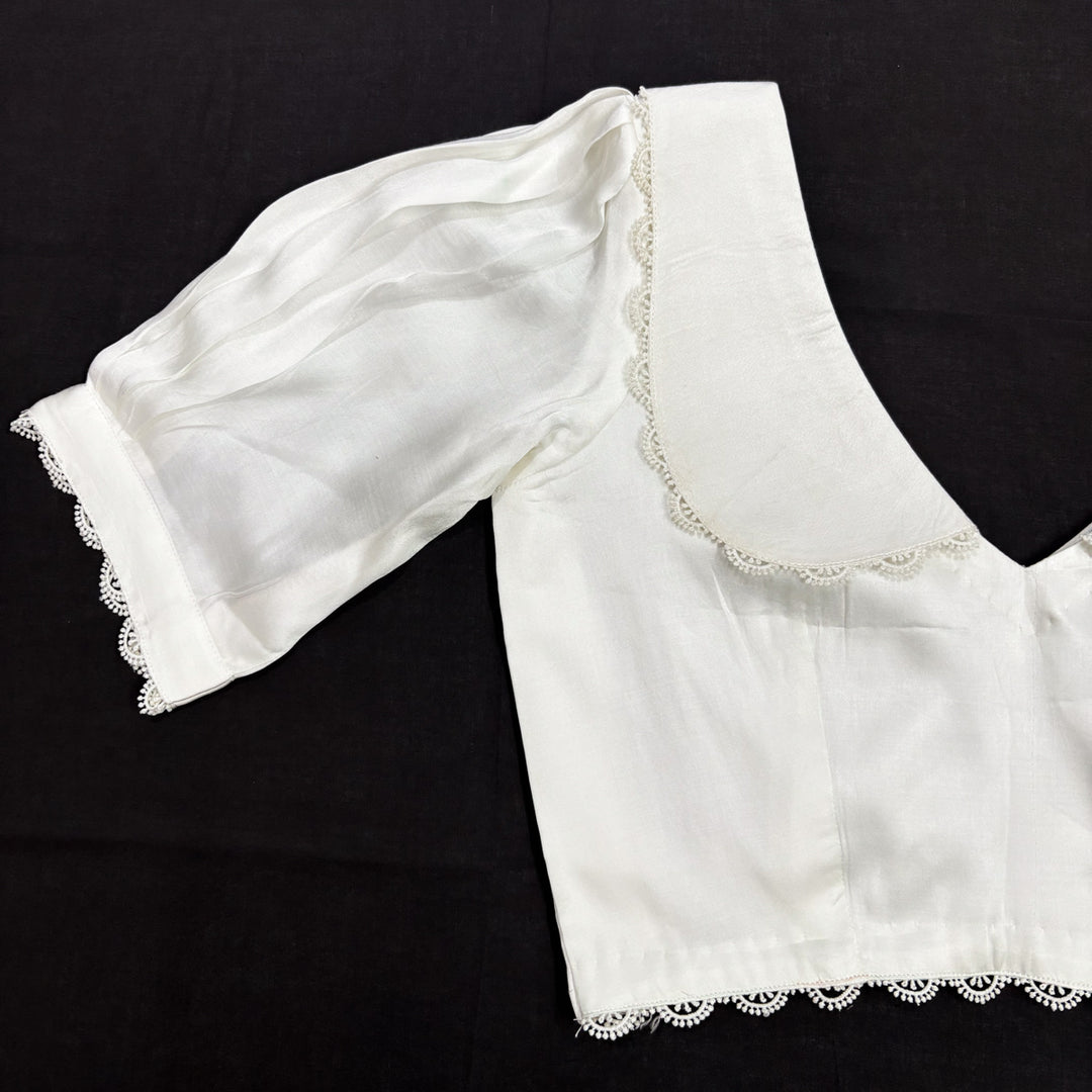 Vintage White Satin V-neck Blouse with Peter Pan Collar & Puff Sleeves