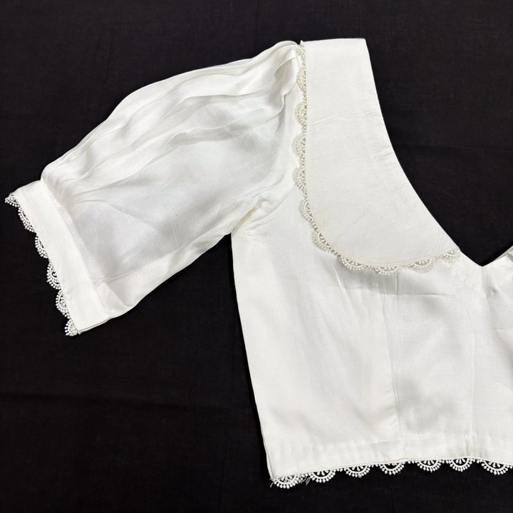 Vintage White Satin V-neck Blouse with Peter Pan Collar & Puff Sleeves