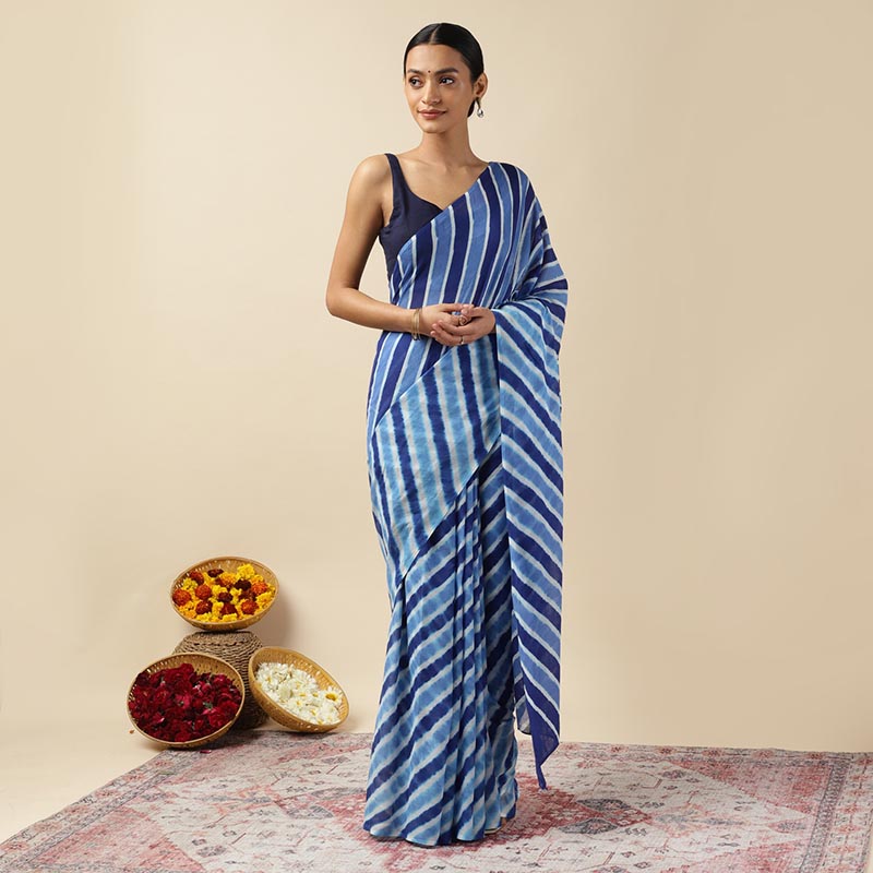 Blue Waves Leheriya Tie-dye Mulmul Cotton saree