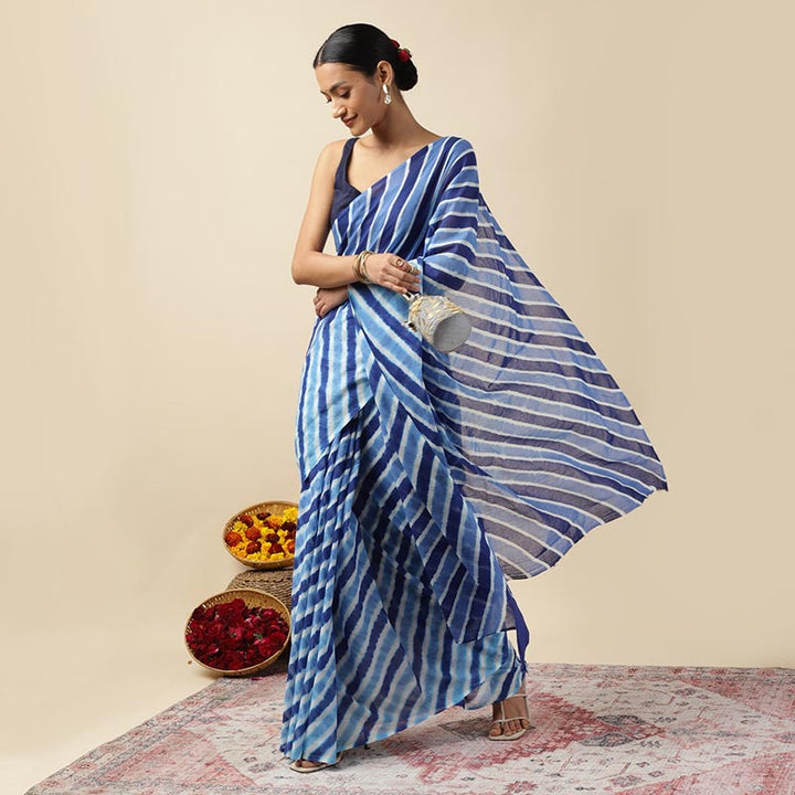 Blue Waves Leheriya Tie-dye Mulmul Cotton saree