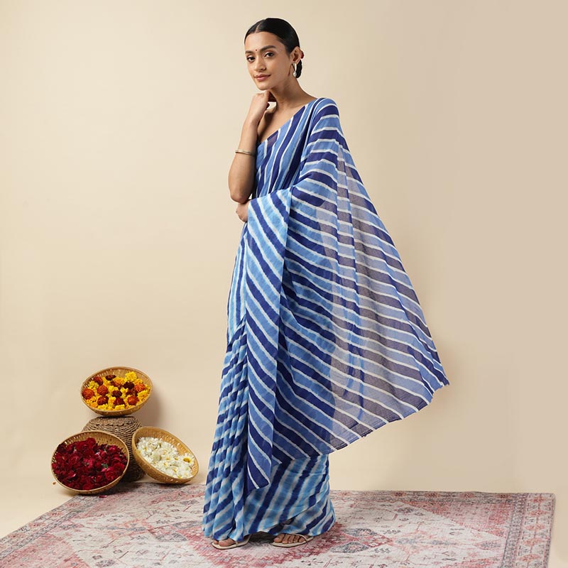 Blue Waves Leheriya Tie-dye Mulmul Cotton saree