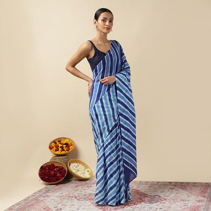 Blue Waves Leheriya Tie-dye Mulmul Cotton saree