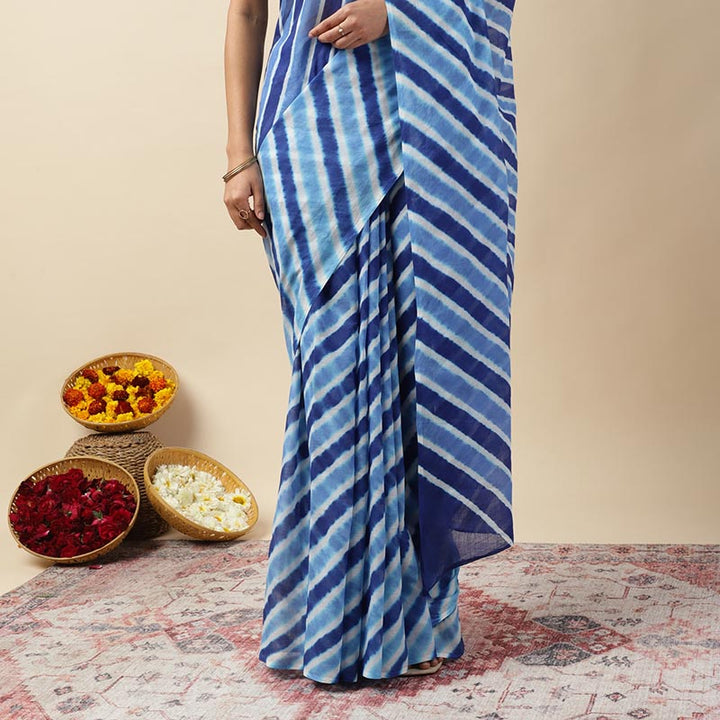 Blue Waves Leheriya Tie-dye Mulmul Cotton saree