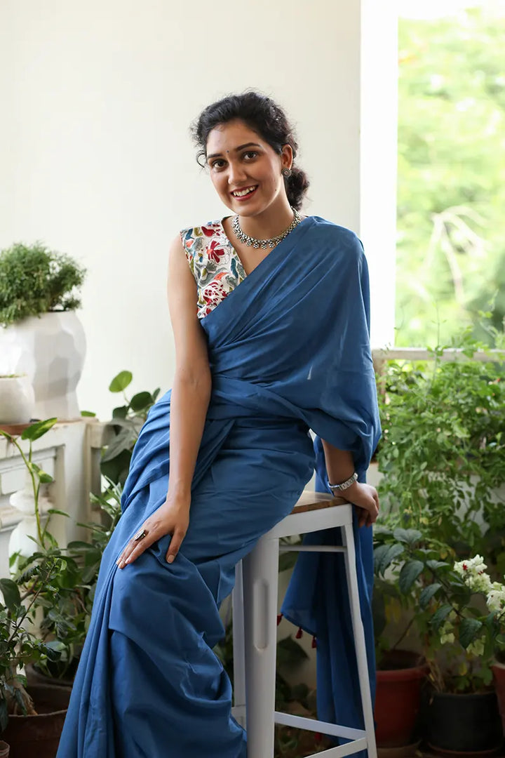 Blue Sapphire - Blue Mulmul Cotton Saree with Tassels