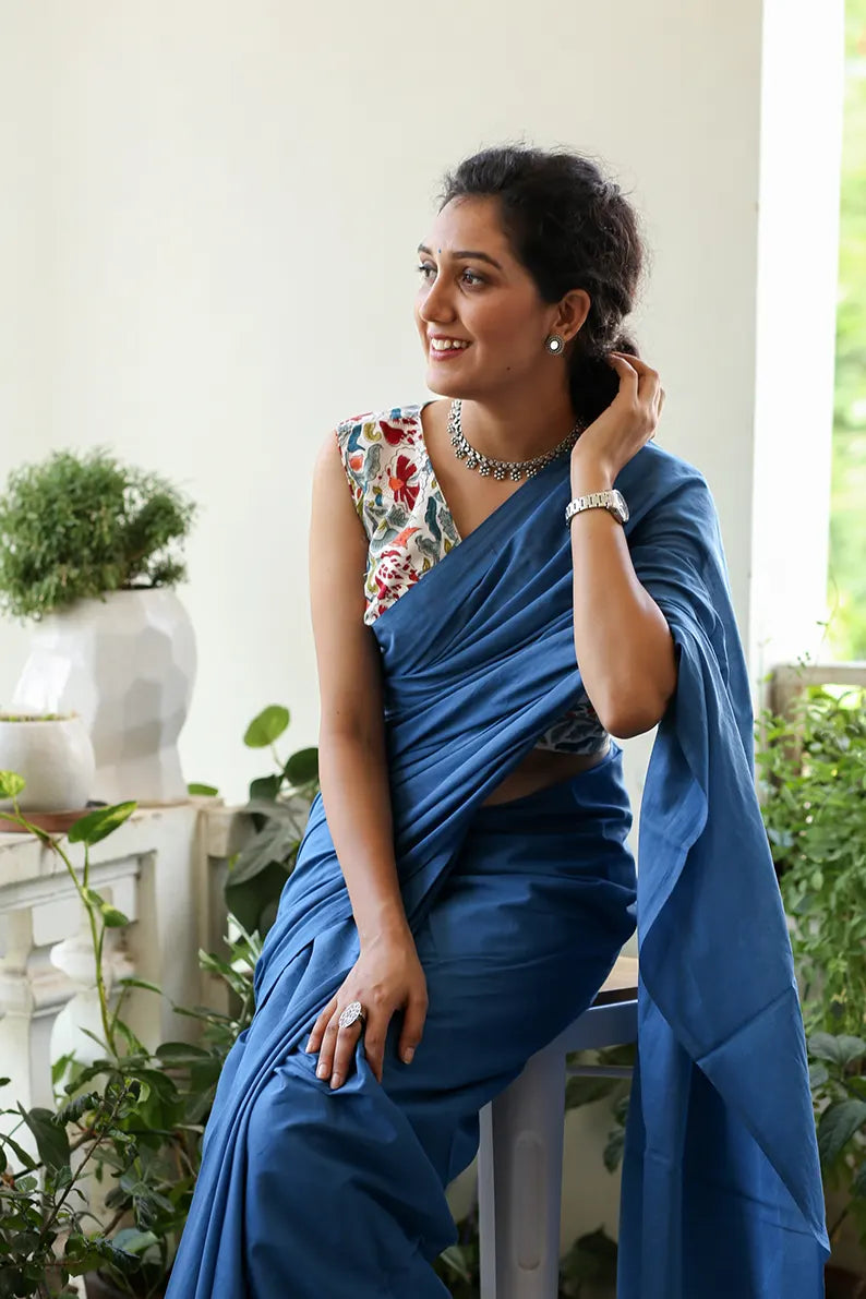 Blue Sapphire - Blue Mulmul Cotton Saree with Tassels