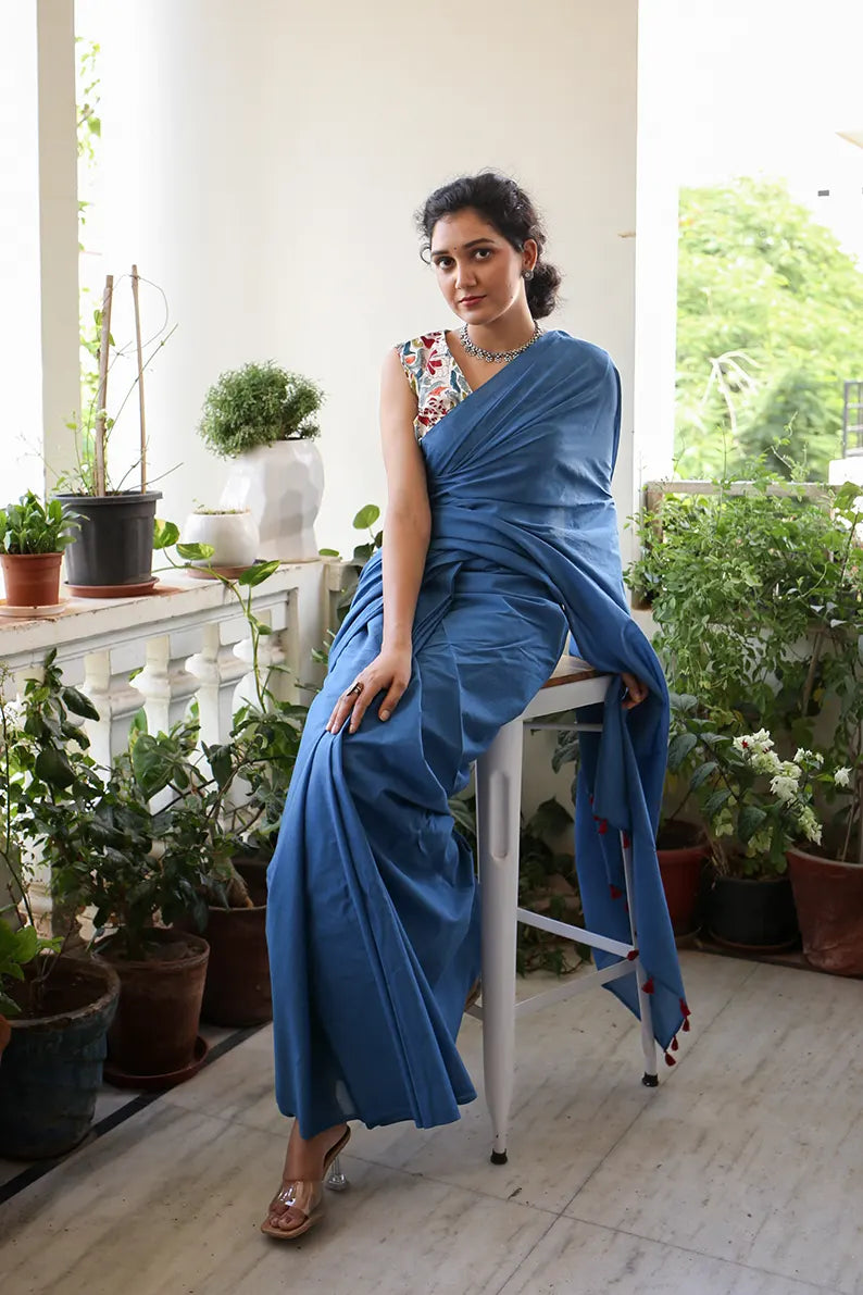 Blue Sapphire - Blue Mulmul Cotton Saree with Tassels