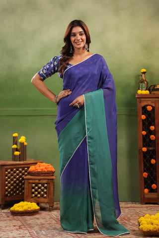 Blue & Green Ombre Organza Saree with Printed Blouse Fabric