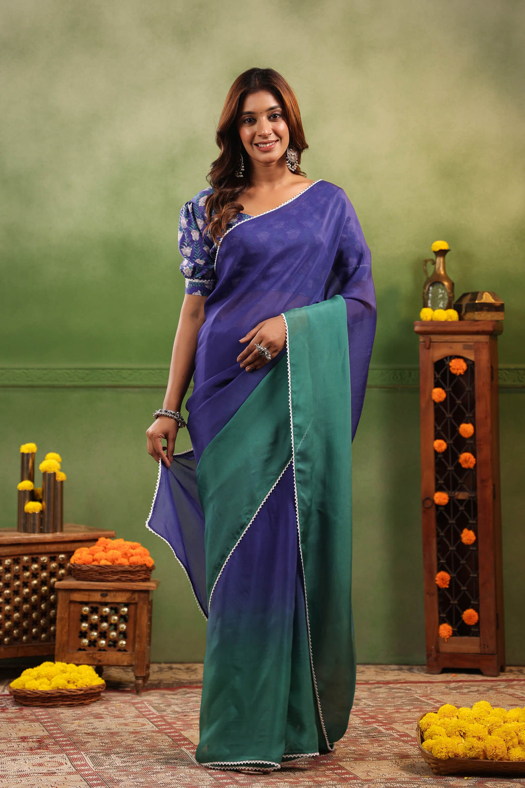 Blue & Green Ombre Organza Saree with Printed Blouse Fabric