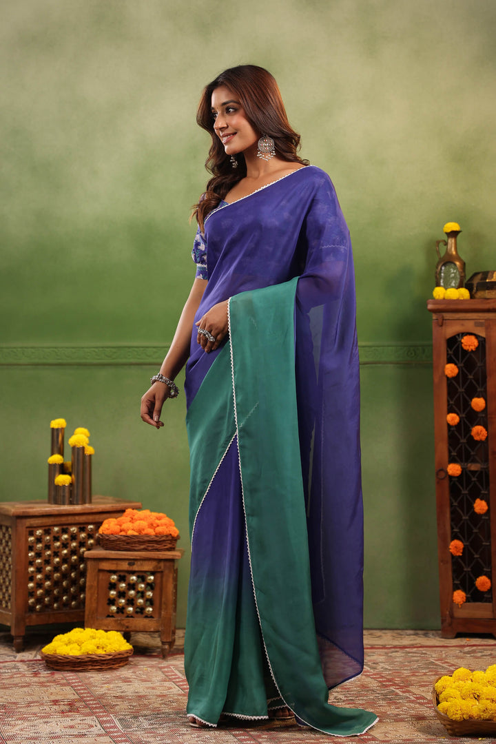 Blue & Green Ombre Organza Saree with Printed Blouse Fabric