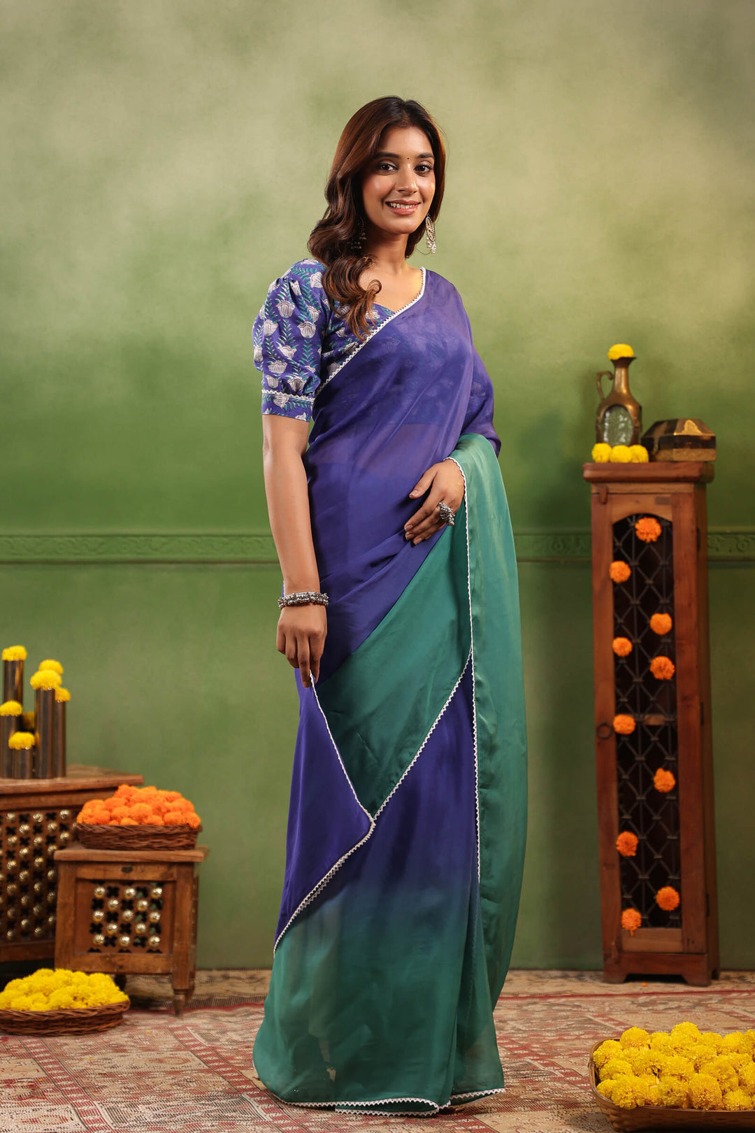 Blue & Green Ombre Organza Saree with Printed Blouse Fabric