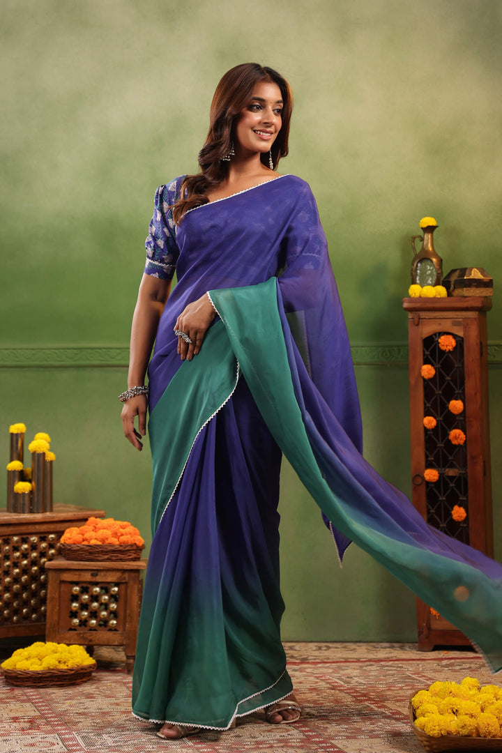 Blue & Green Ombre Organza Saree with Printed Blouse Fabric