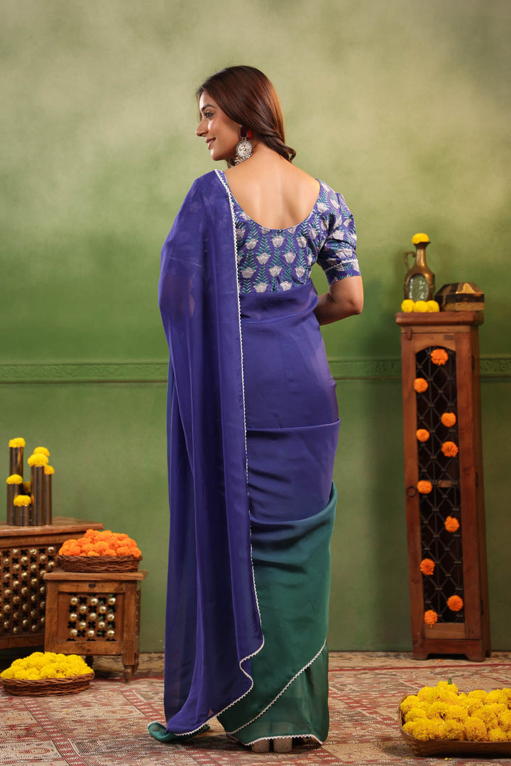 Blue & Green Ombre Organza Saree with Printed Blouse Fabric