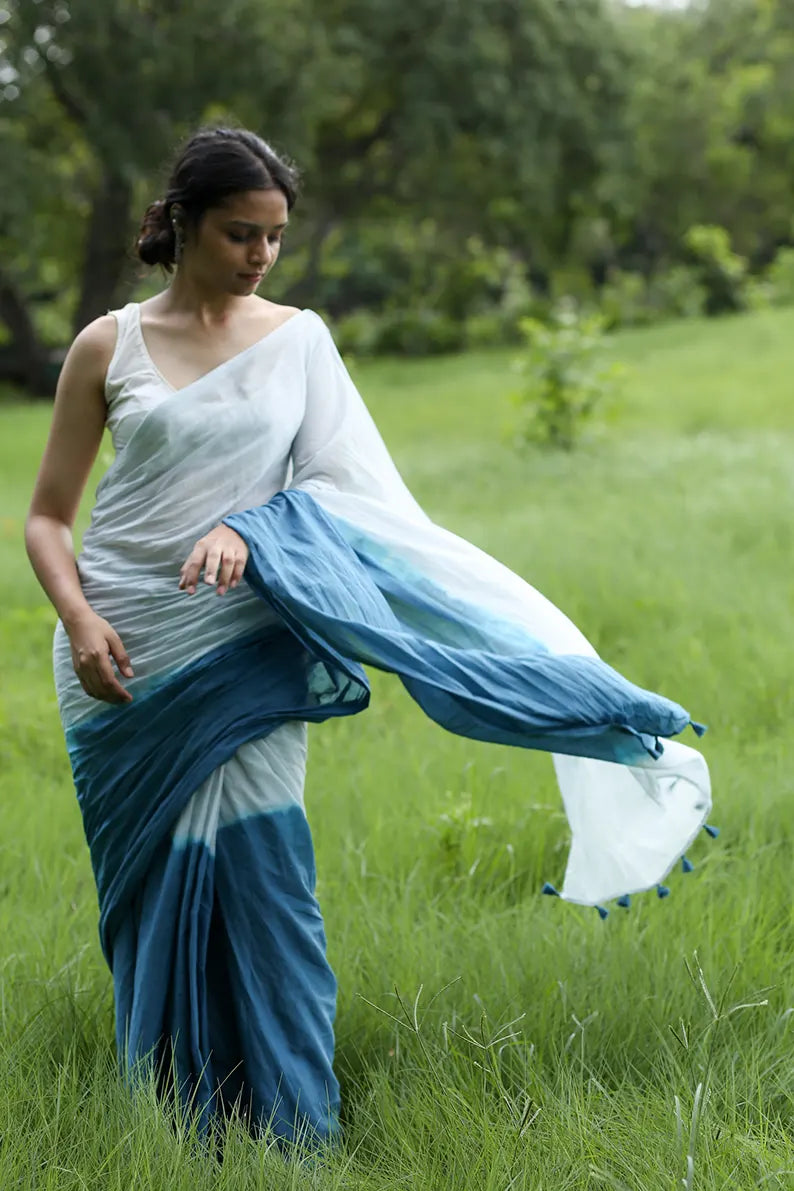Blue Ocean - Ombre Hand Dyed Mulmul Cotton Saree