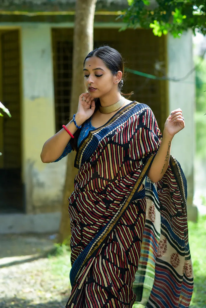 Brick by Brick- Hand Block Print Chanderi Silk Saree