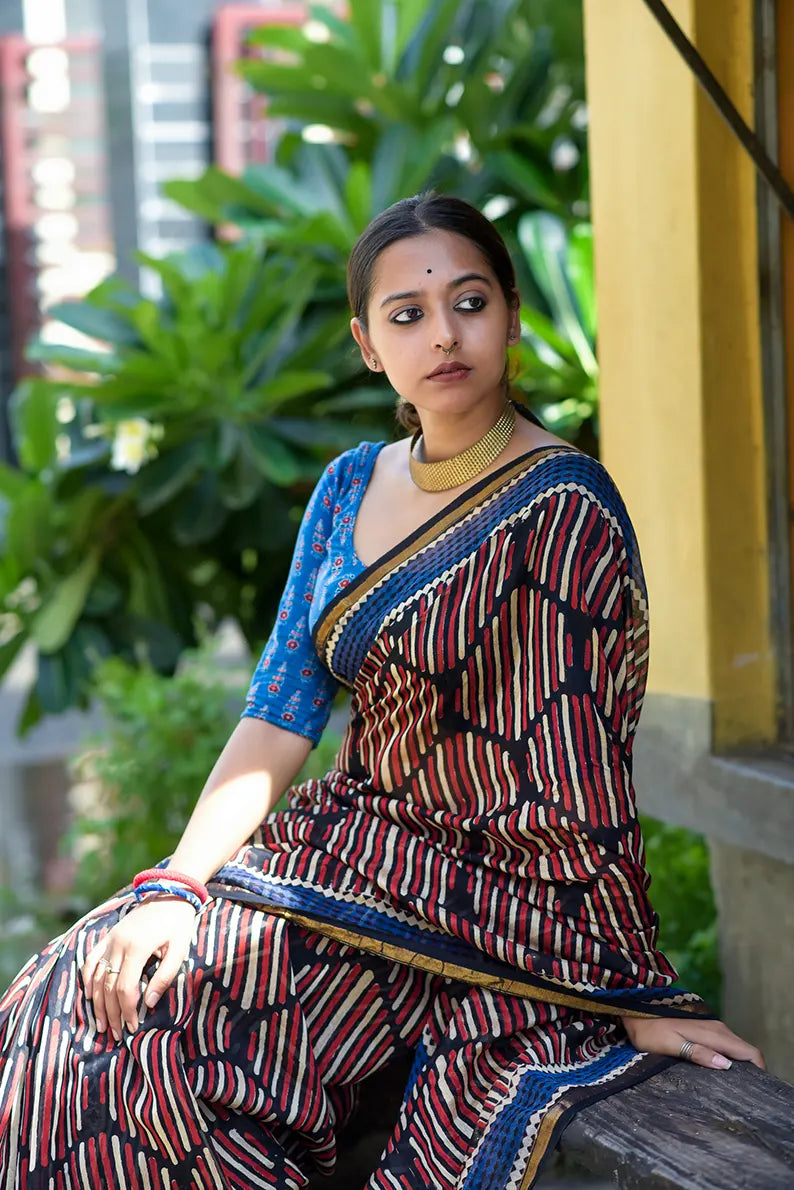 Brick by Brick- Hand Block Print Chanderi Silk Saree