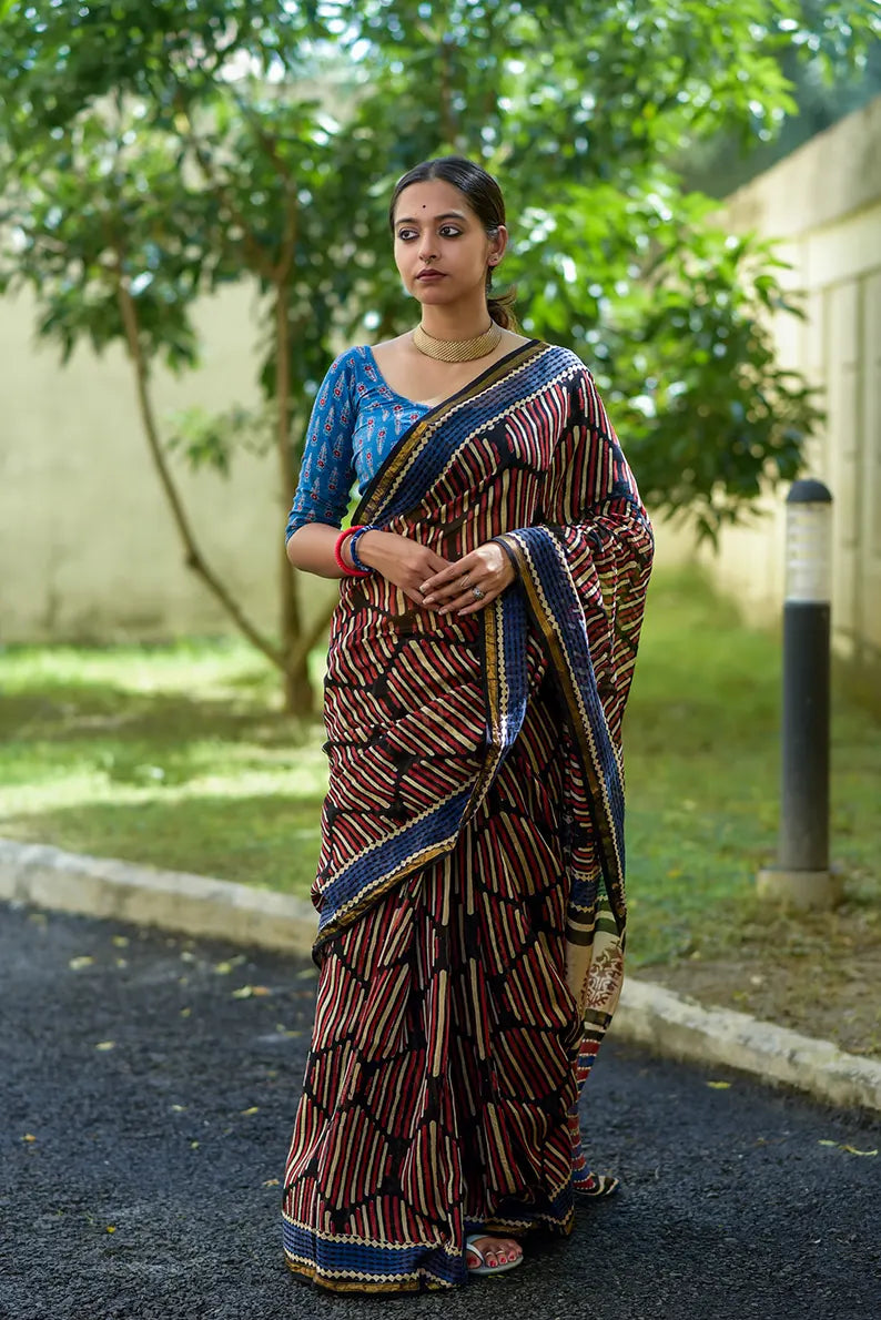 Brick by Brick- Hand Block Print Chanderi Silk Saree