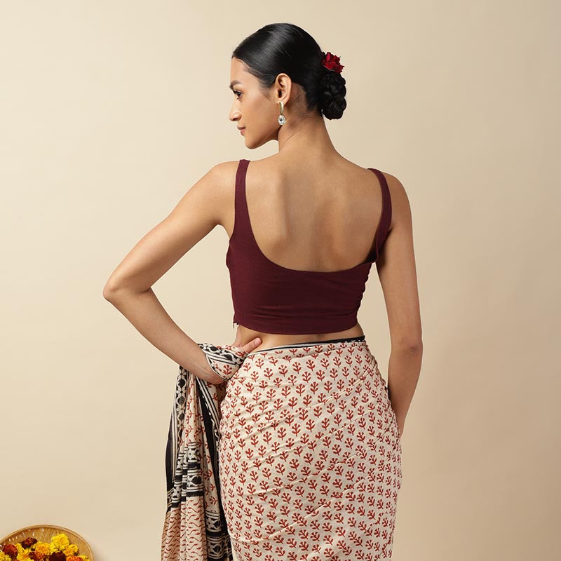 Brown Cotton Sleeveless Readymade Blouse with U neck