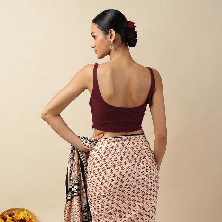 Brown Cotton Sleeveless Readymade Blouse with U neck