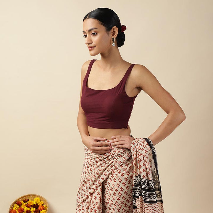 Brown Cotton Sleeveless Readymade Blouse with U neck