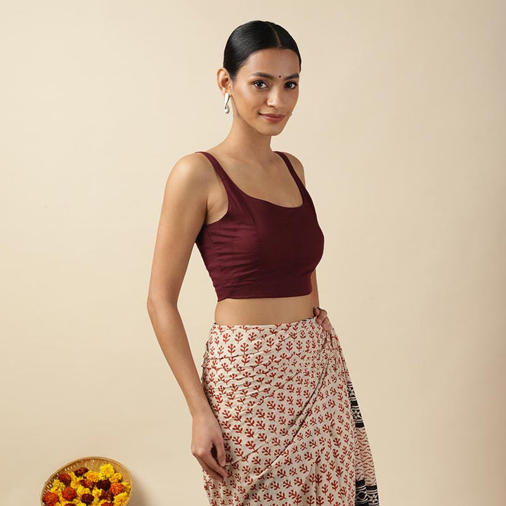 Brown Cotton Sleeveless Readymade Blouse with U neck