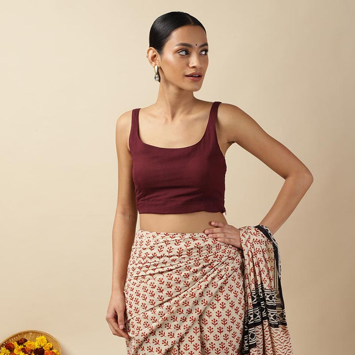 Brown Cotton Sleeveless Readymade Blouse with U neck