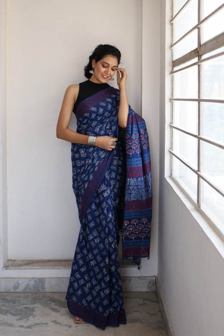 Butterflies - Hand Block Print Mulmul Cotton Bagru Saree