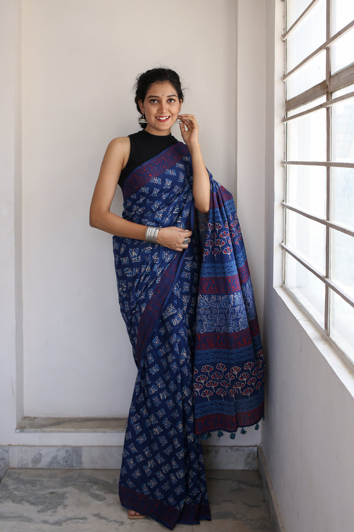 Butterflies - Hand Block Print Mulmul Cotton Bagru Saree