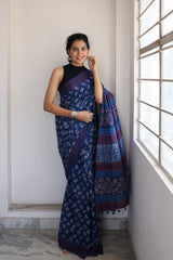 Butterflies - Hand Block Print Mulmul Cotton Bagru Saree