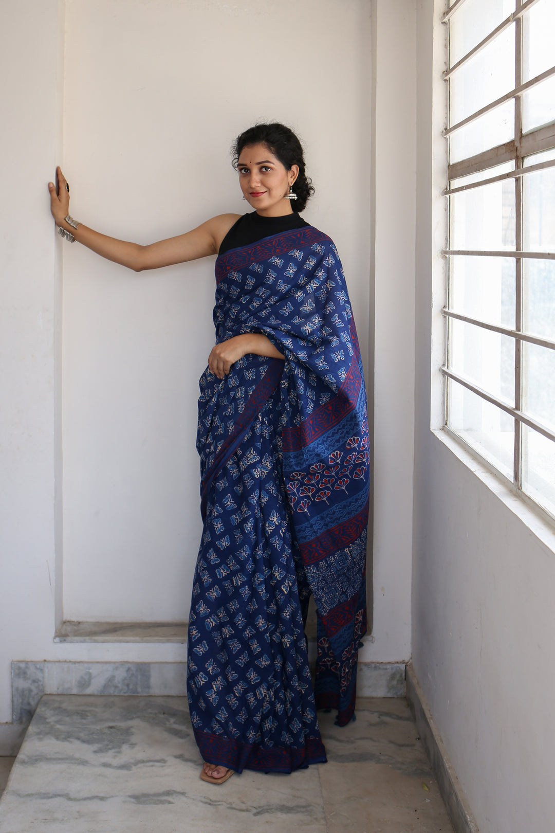 Butterflies - Hand Block Print Mulmul Cotton Bagru Saree