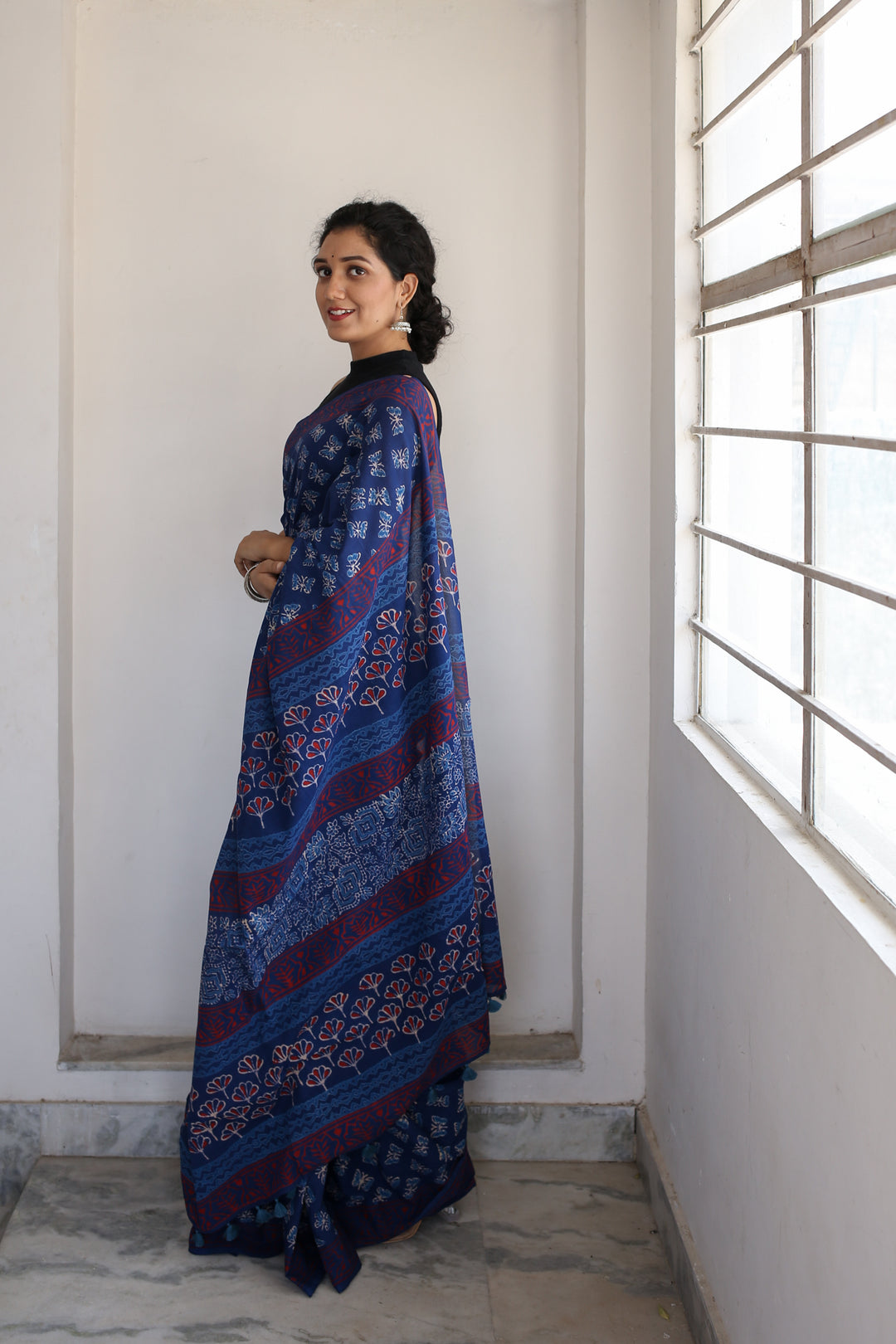 Butterflies - Hand Block Print Mulmul Cotton Bagru Saree