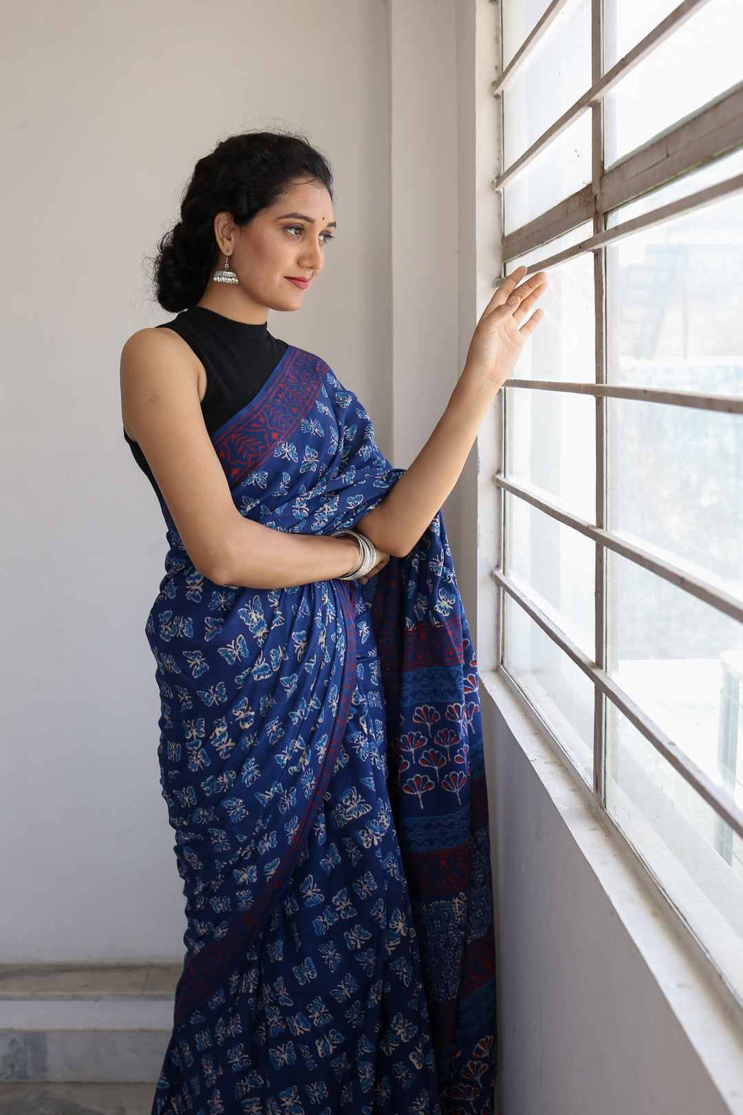 Butterflies - Hand Block Print Mulmul Cotton Bagru Saree