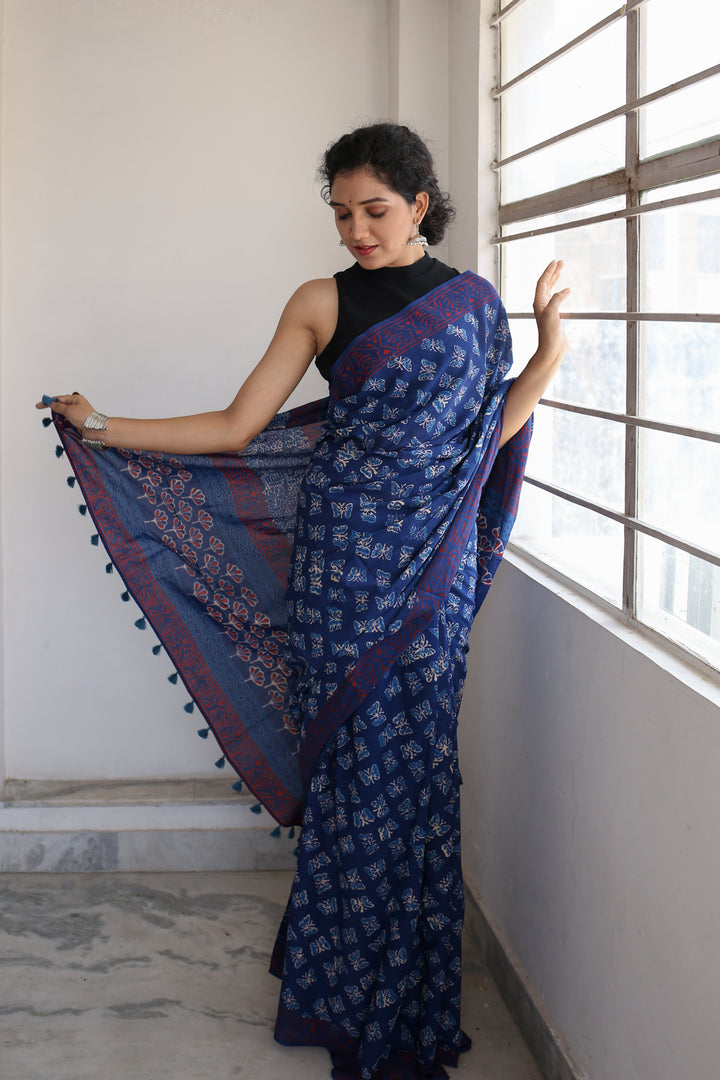 Butterflies - Hand Block Print Mulmul Cotton Bagru Saree