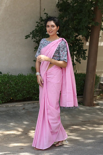 Candyfloss Pink - Mulmul Cotton Saree with Tassels