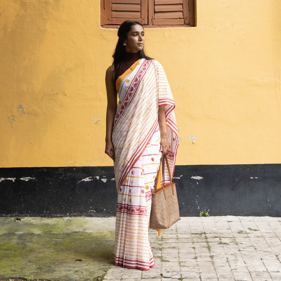 Chai Break - Mul Cotton Hand Block Printed Saree