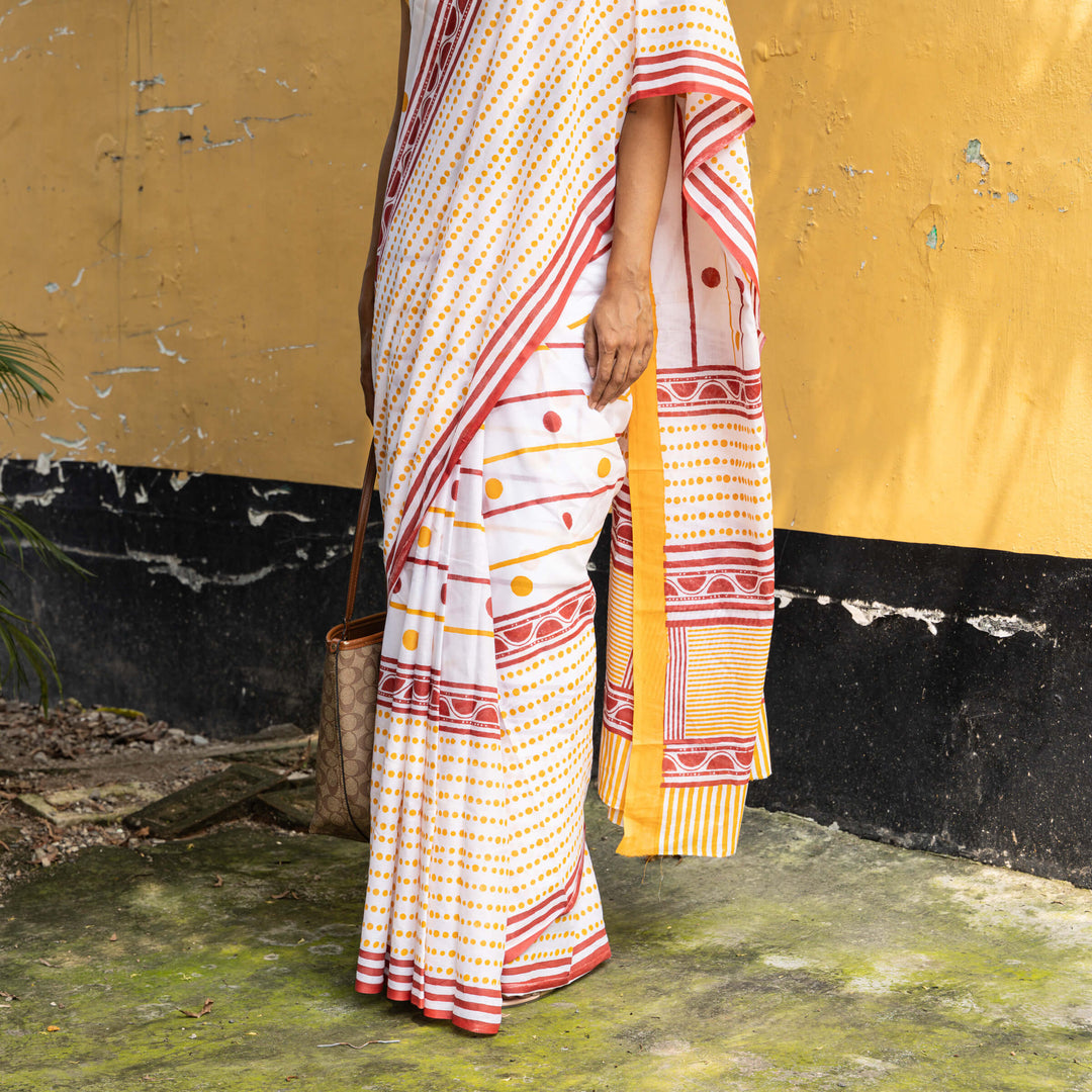 Chai Break - Mul Cotton Hand Block Printed Saree