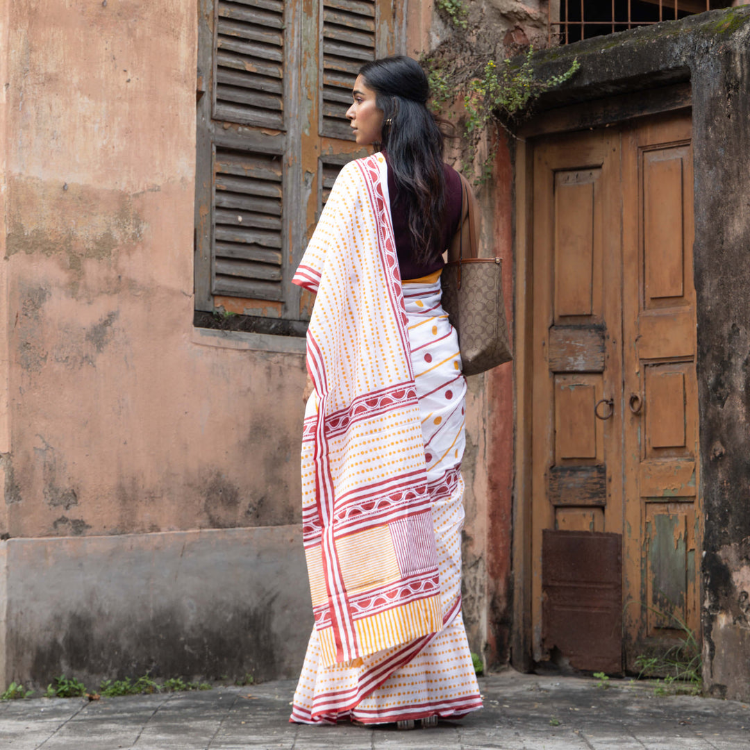 Chai Break - Mul Cotton Hand Block Printed Saree